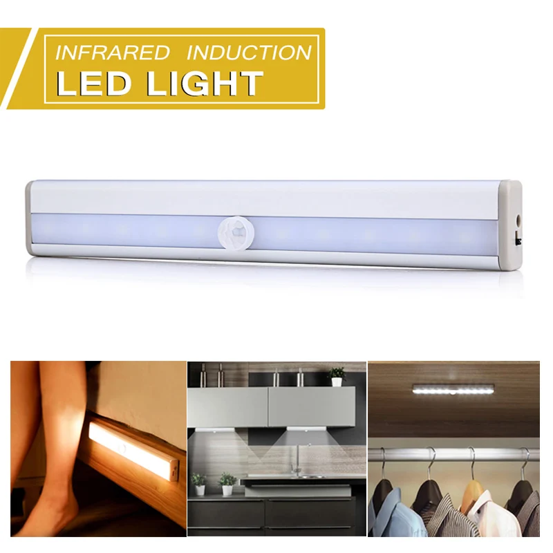 

Wireless PIR USB Rechargeable LED Under Cabinet Lights 10 LEDs Closet Light Motion Sensor Activated Night Light for Kitchen Desk