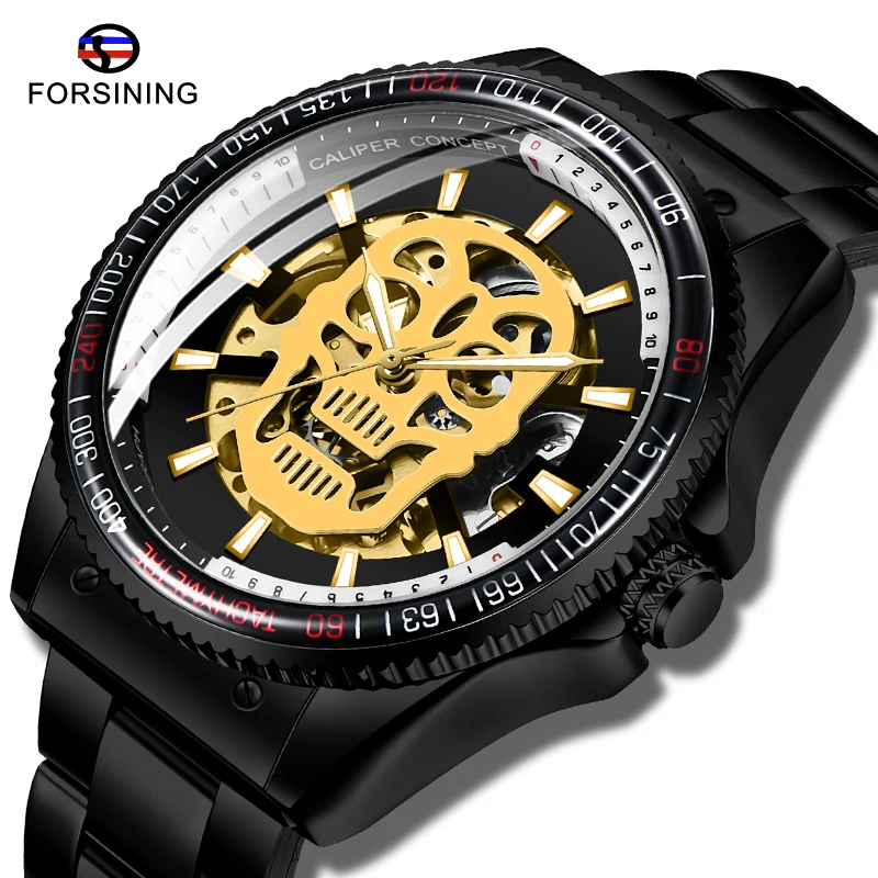 Модные мужские механические часы FORSINING Steampunk Skull Bone автоматические черные
