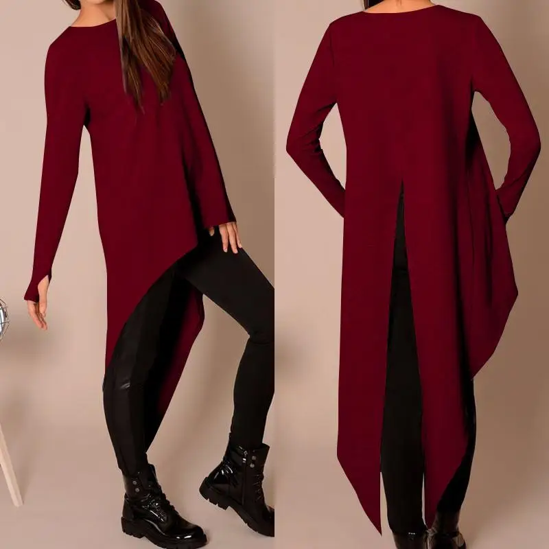 Celmia 2019 Women Vintage Long Sleeve Blouse Ladies Back Split Tunic Tops Casual Loose O-Neck Shirt Plus Size Irregular Vestidos