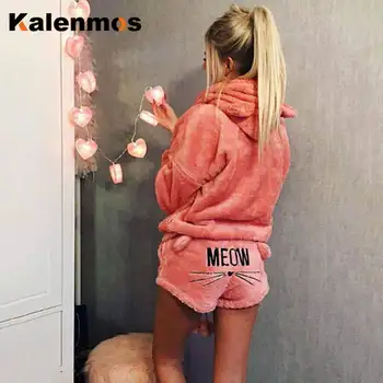 

Two Piece Set Top and Shorts Cute Hooded Pajamas Sleepwear Suits Women Sweet Velvet Hoodies Sweatshirt Shorts Homewear Suits