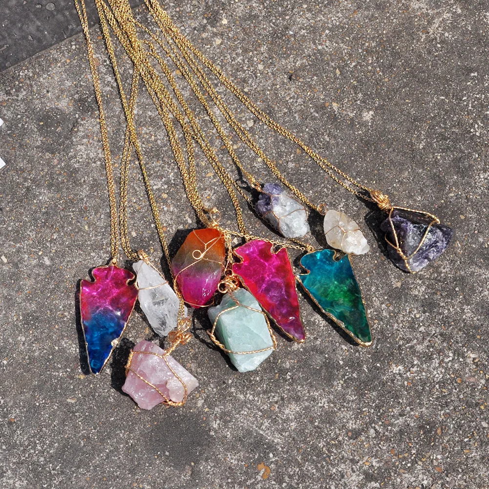 

Handmade Rainbow Natural Stone Arrow Pendent Necklace for Women Men Bohemian Copper Wire Geometric Crystal Statement Jewelry