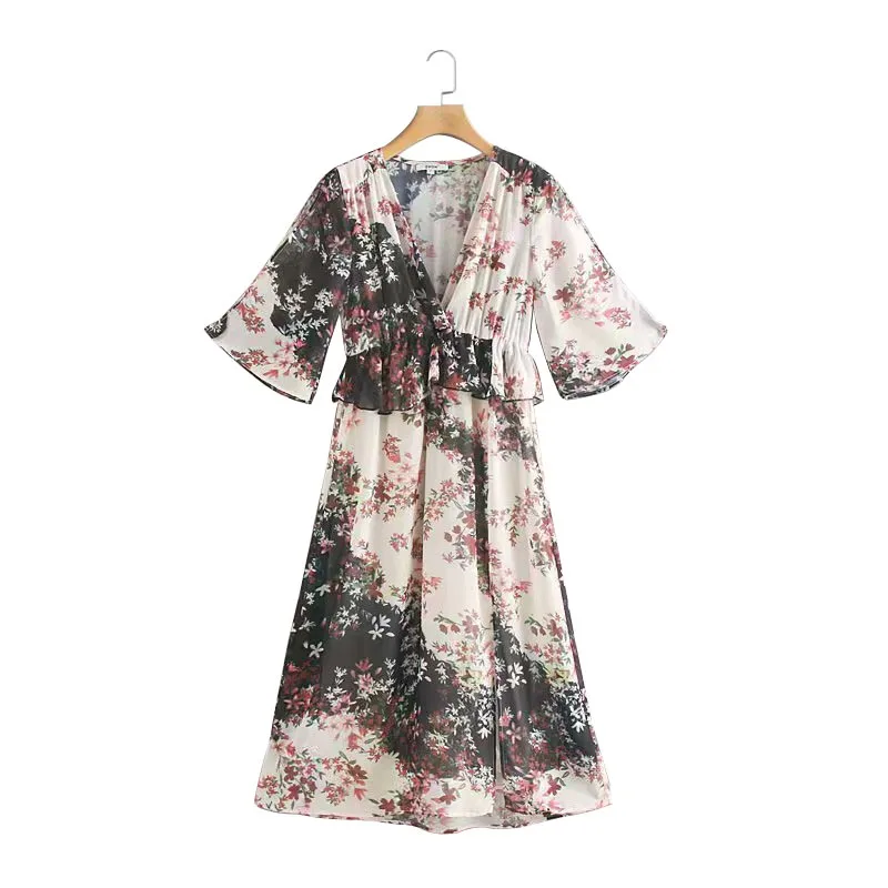 

QZ897 Autumn Women V Neck Color Block Floral Print Short Sleeve Ruffles Slim Waist Chiffon Dress With Lining