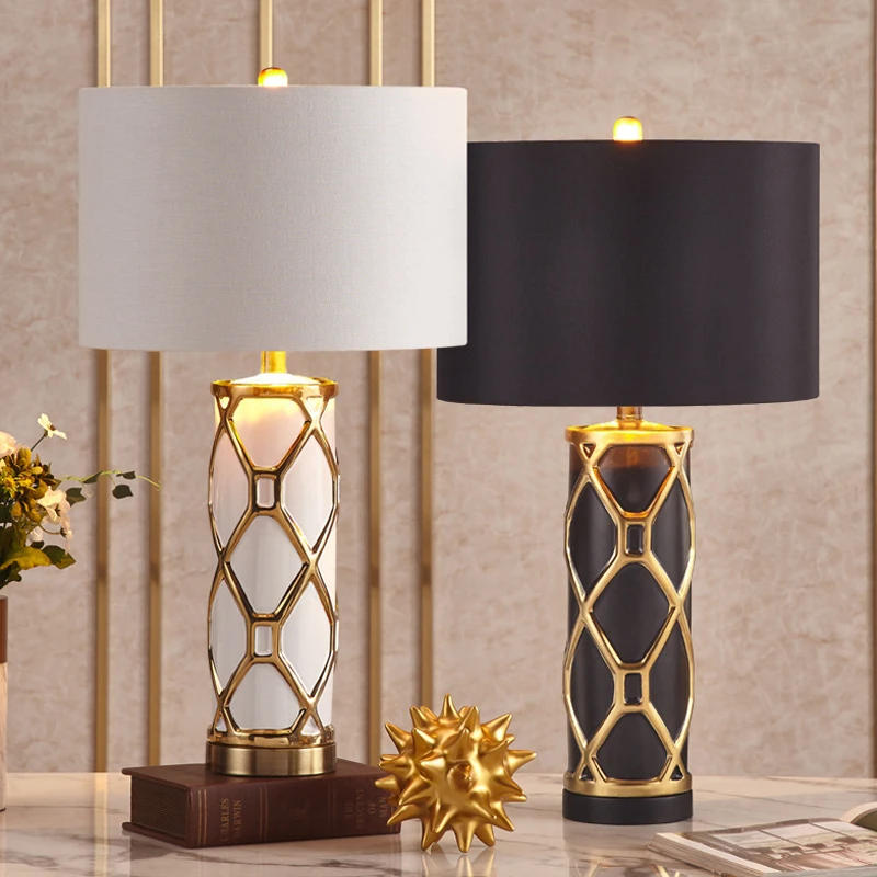 Lámpara de mesa de cerámica de lujo, moderna, blanca y negra, para lámpara de noche para dormitorio, nórdica, sencilla, americana, LED de escritorio, E27, decoración del hogar