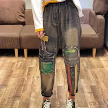 Новые джинсы больших размеров для женщин s Wash вышивка рваные джинсовые брюки женская мода молния с эластичной резинкой на поясе ковбойские шаровары