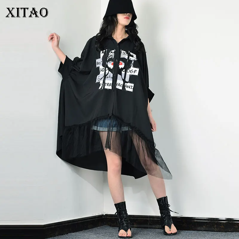 Waterproof Smart Watch Men Women смарт ча?XITAO Trend Bat Sleeve Shirt Spliced Mesh Hem Plus Size Turn Down Collar Fashion Womens Tops and Blouses Streetwear DMY4836