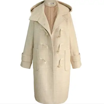 

Plaid Horn buckle Woolen Coat Women Autumn Winter fashion hooded Long Sleeve Brief Loose wool blends mid-long coat r2201