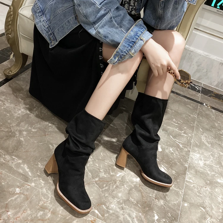 MORAZORA/ г. Большой размер 34-40, Новая модная женская обувь на высоком квадратном каблуке однотонные зимние женские ботинки до середины икры, черный цвет