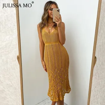 

JULISSA MO Pink Knitted Sexy V Neck Summer Dress Women Sleeveless Backless Dress 2020 Elegant Female A-line Long Party Vestidos