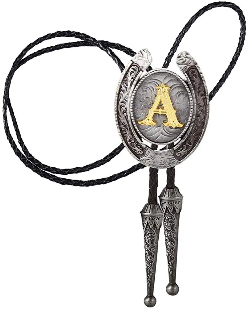 Vintage Gold Letter ABCDEFG-Z U shape bolo tie for man Indian cowboy western cowgirl leather rope zinc alloy necktie woven necktie