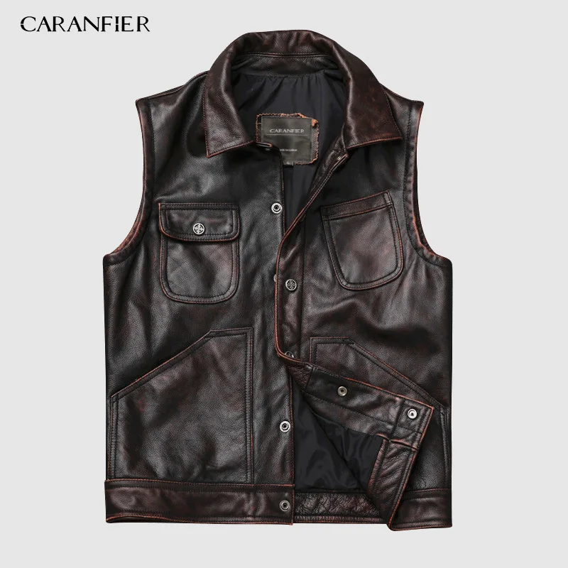 CARANFIER модная куртка в стиле ретро мужские жилеты из воловьей кожи брендовые мотоциклетные байкерские куртки без рукавов мужские Кожаные Жилеты 4XL