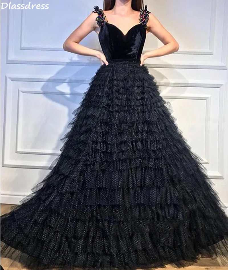 

2020 New Evening Dress Tiered A-line Simple Black Spaghetti Strap V-neck Velvet Top Sleeveless Prom Dress robe de soirée