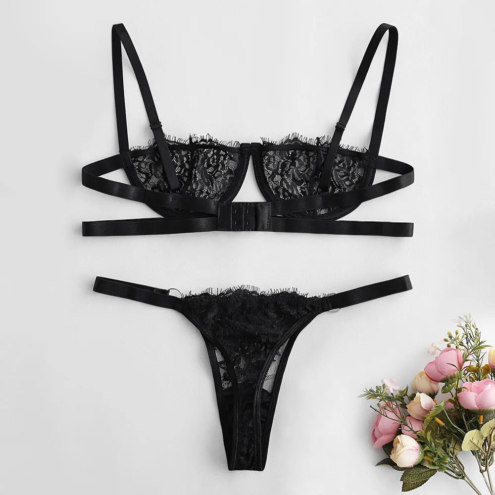 ZAFUL Lace Solid Underwire Caged Set Underwire Ring Embellished Lingerie Half Cup Adjusted-Straps Unlined Sexy Women Lingeries