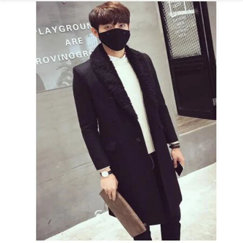 Long Trench Coats Mens Fur Collar Long Coats Double Breasted Gabardina Mens Overcoat Slim Fit Woolen Winter Jacket Vintage