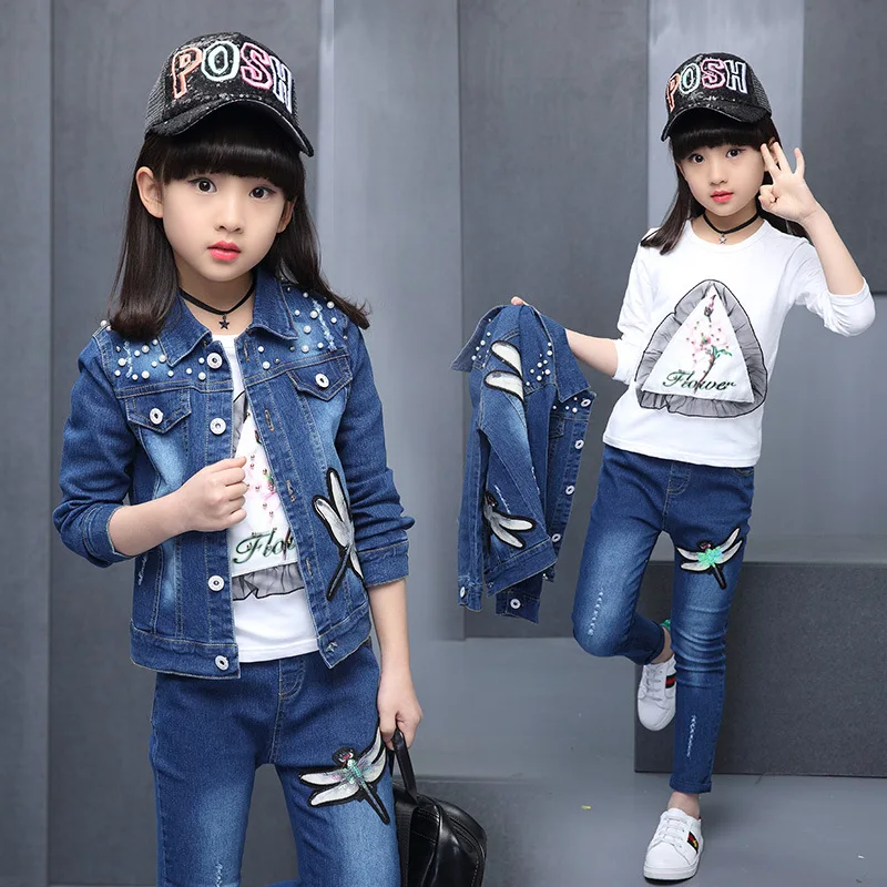 

2018 New Casual CHILDREN'S Suit Girls Spring Clothing Big Boy Children Dragonfly Cowboy Two-Piece Set Childrenswear