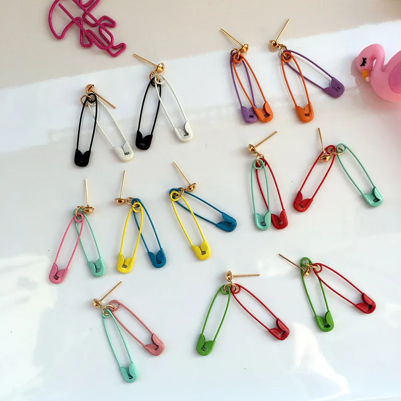 

New Arrival Creative Colorful Safety Pin Geometric Stud Earrings Cute Candy Color Funny Fashion Jewelry For Women Girl Gifts
