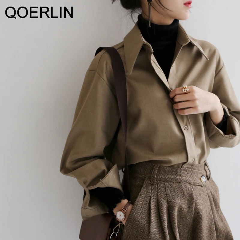 QOERLIN Coffee Blouse Women Spring Autumn Casual Solid Color Long Sleeve Shirt Women Korean Loose Shirt OL Style Workwear S-XL
