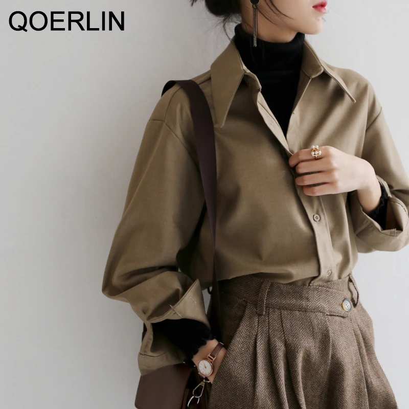 Coffee Blouse Women Spring Autumn Casual Solid Color Long Sleeve Shirt ...