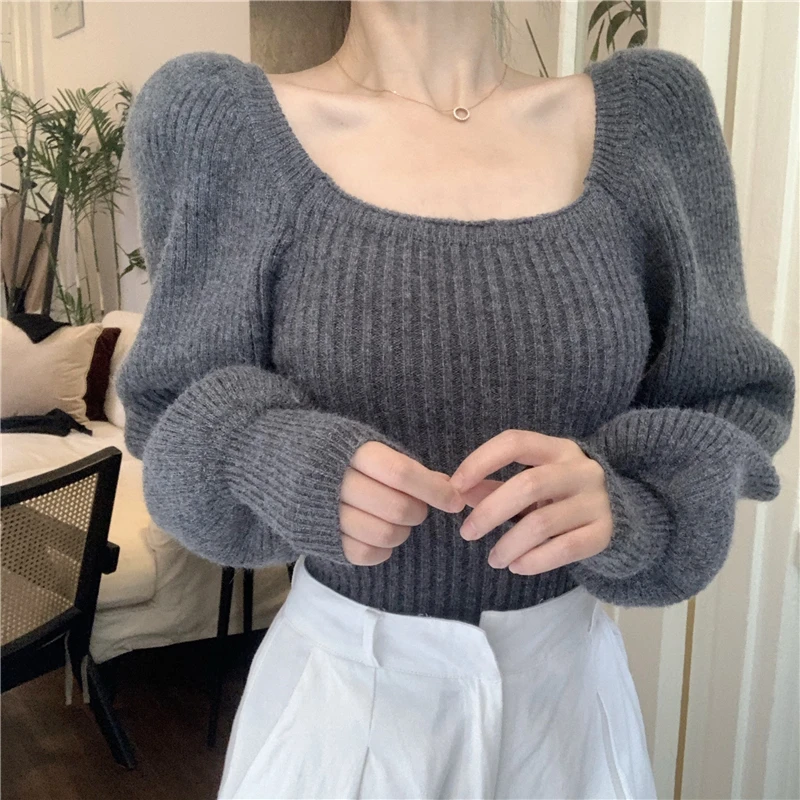 2020 New French Design Square Neck Women Knitwear Short Type Sweet Puff Long Sleeve Pullover Sweater Top | Женская одежда