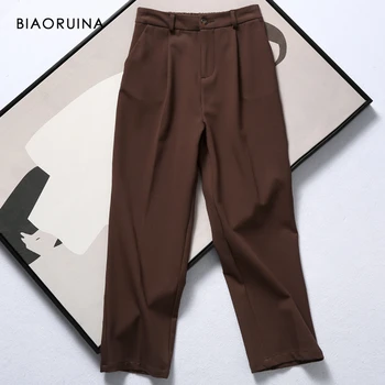 

BIAORUINA Women's Simple Elegant OL Elastic High Loose Straight Casual Pants Female Solid Color Basic Suit Pant Trousers
