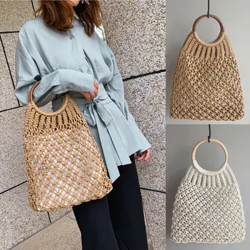 

Fashion Women Girls Net Woven Bag Round Ring Tote Handbag Summer Beach Girls Shopping Bags Holiday Female Tassels Bags