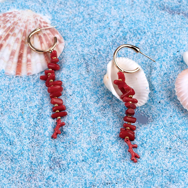 Red Coral Dangle Earrings Bohemia