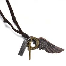 Mens Vintage Angels Wing Cross Pendant Faux Leather Necklace Charm Chain L