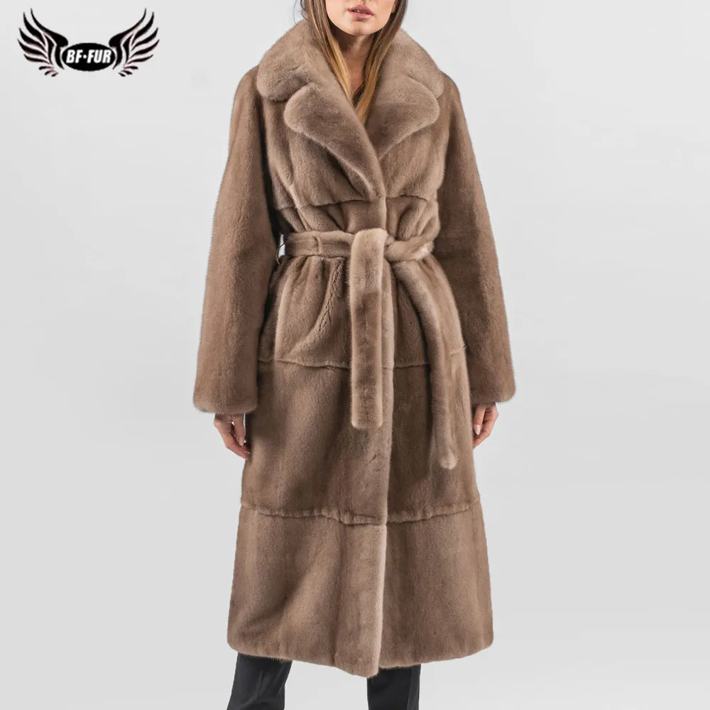 BFFUR 2022 Fashion Long MInk Fur Coat Women High Quality Real Mink Fur Jacket Lapel Collar WIth Fur Belt Coats Natural Female