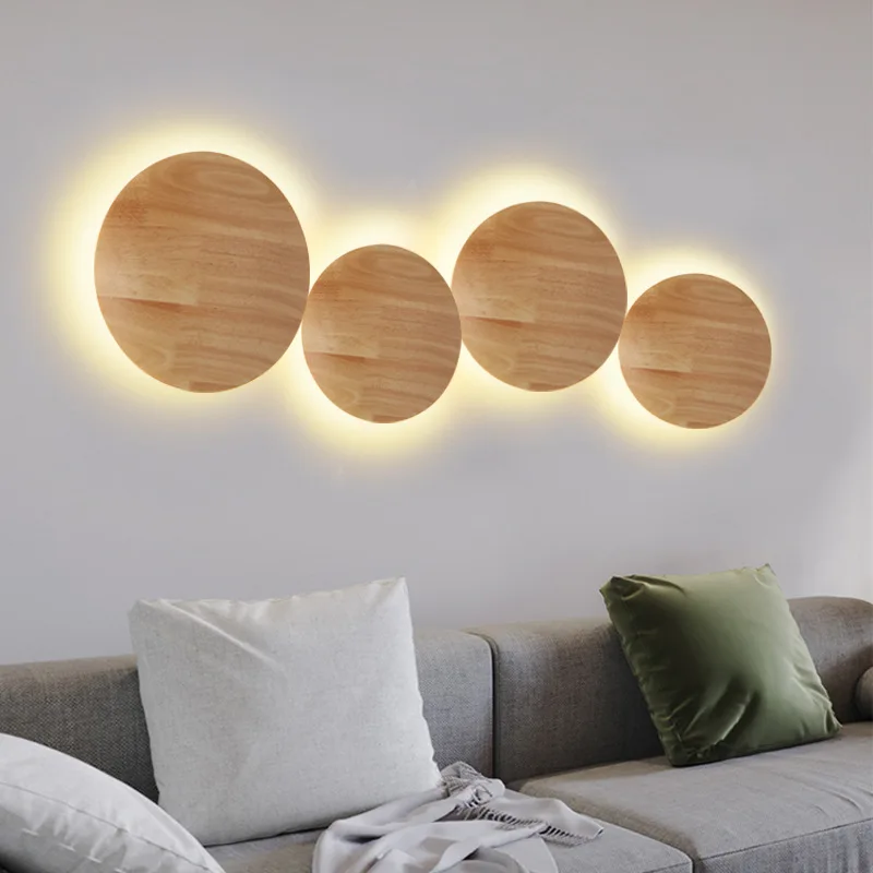 Nordic Wall Lamps LED Solid Wood Simple Bedroom Bedside Light Japanese Circular Art Dining Living Room Hall Corridor Wall Lamps