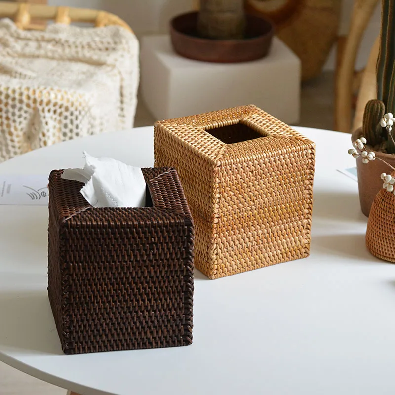 

Export rattan Nordic retro creative desktop living room restaurant wooden square tissue box storage.
