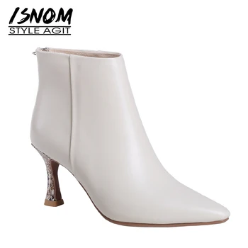 

ISNOM Snake Skin Heels High Ankle Boots Women Leather Booties Pointed Toe Shoes Female Fashion Shoes Ladies Party Shoes Winter