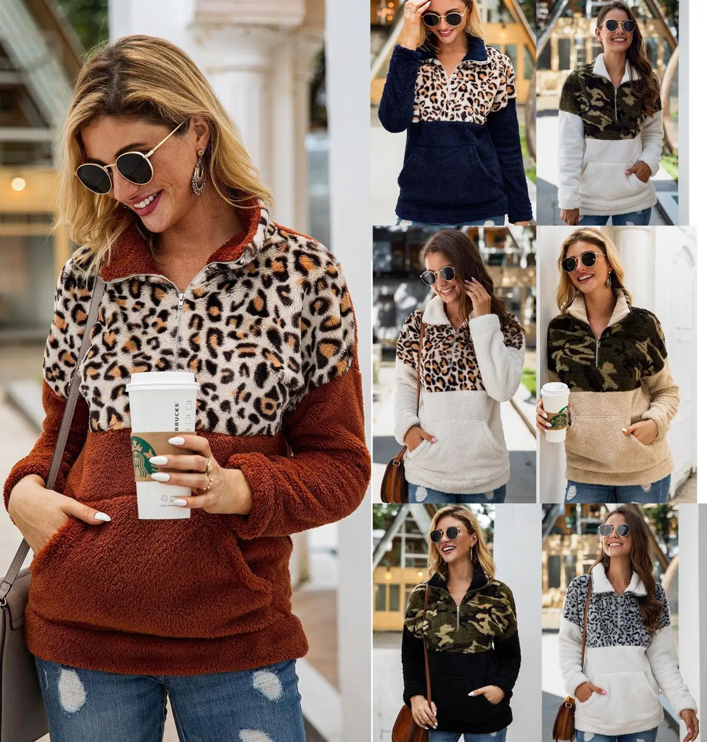 

Turtleneck Pullover Leopard Patchwork sheep wool Sweatshirt Women Front Pocket Warm Fleece Casual Winter Oversized Lady Hoodies