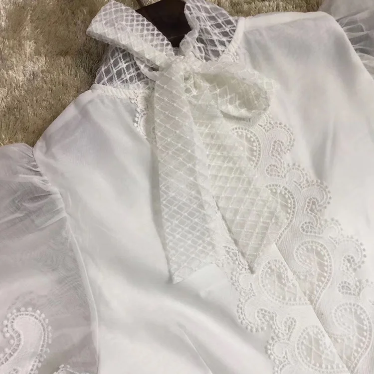 Модное Новое весеннее и летнее изысканное элегантное кружевное платье с вышивкой, стоячий воротник, рукав-пузырь, белое банкетное платье