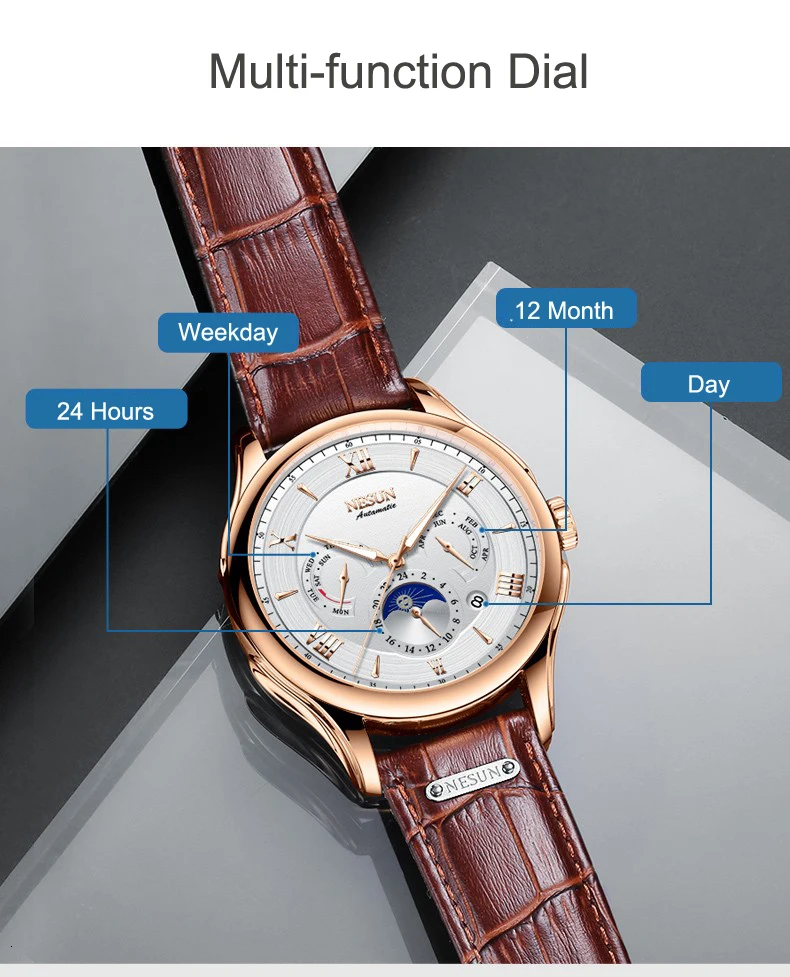 Switzerland NESUN автоматические механические часы мужские Moon Phase часы люксовый бренд светящиеся стрелки сапфир водопроор N9030