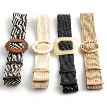 

New Fashion PP Straw Woven Belt Bamboo Round Buckle Women's Decorative Belt Wild Stretch Pants Belt Geometric Pattern Belt
