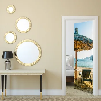 

Home Decor 3d Door Sticker European Style Sea Beach Chair Umbrella Self Adhesive Renew Prints Art Waterproof Wallpaper Picture