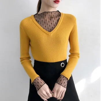 

New Fashion Lace O neck Sweater Women Spring Autumn Solid Knitted Pullover Women Slim Soft Jumper Sweater Female Knit Tops