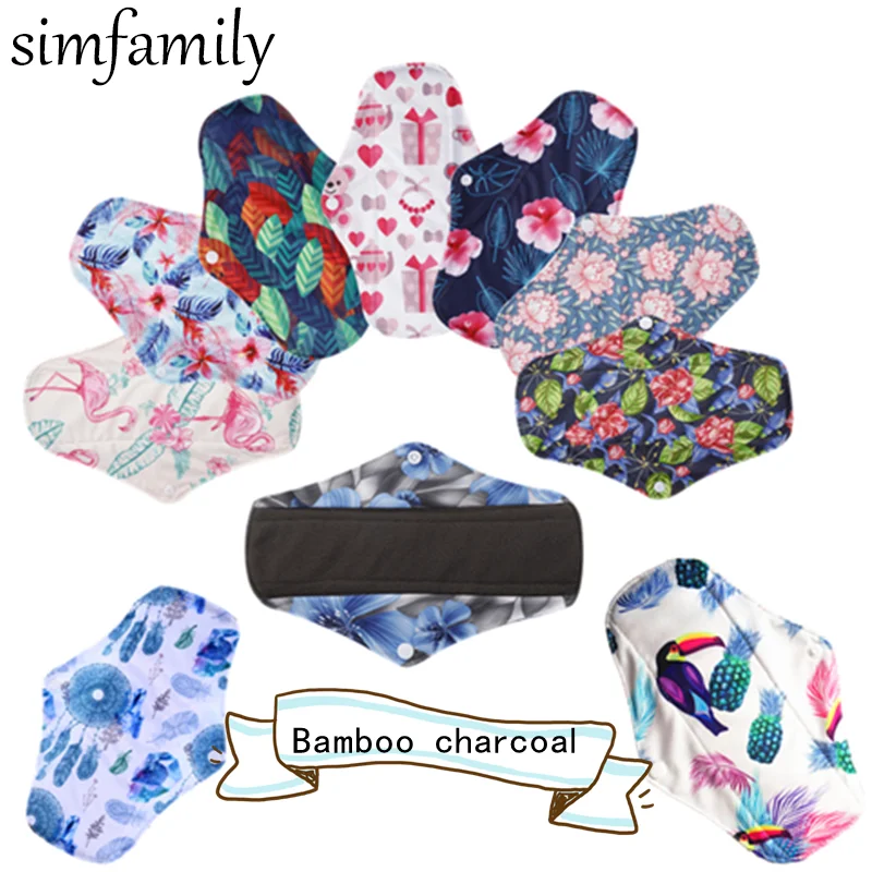 [simfamily] 10PCS Reusable Pads Bamboo Charcoal Sanitary Pads Regular Flow Menstrual Washable Panty Liner Cloth