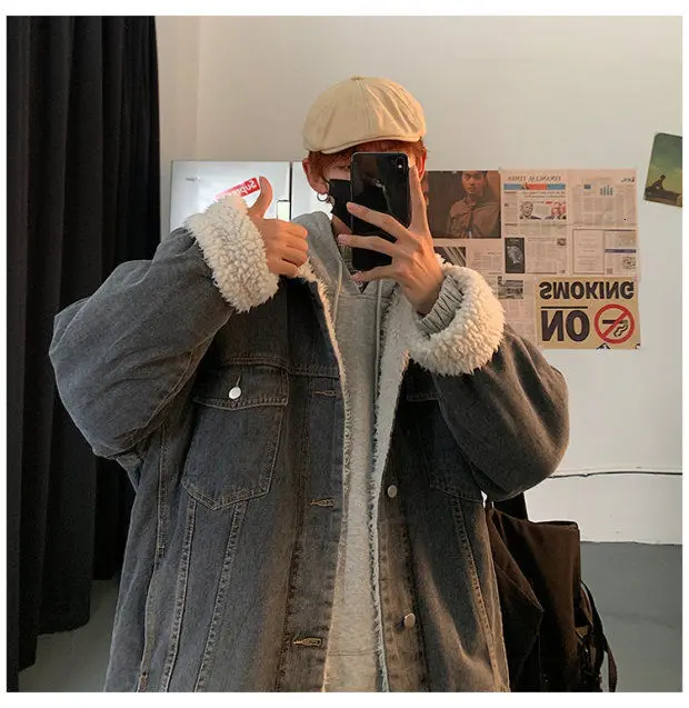 Winter Plus Velvet Thick Denim Jacket Men's Warm Parka Men Fashion Lamb Fur Coat Man Loose Cotton Denim Jacket Male Clothes