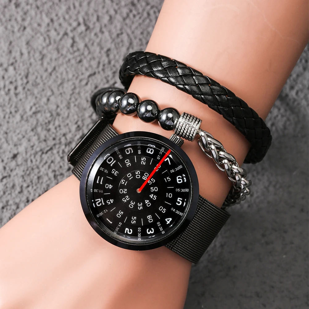 Creative Turntable Watch for Men Bead Bracelet Set Rotation Dial Stainless Steel Mesh Band Quartz Wristwatch Gifts for Boyfriend
