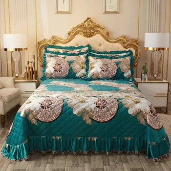 

3pcs Bed cover European style Bedspread Crystal velvet Bedding set Bluish green Quilt Quilting Blanket Bed cover Pillow cases