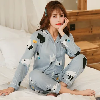 

2020 Spring Long Sleeve Outerwear Pajama Set for Women Print Sleepwear Suit Pyjama Loungewear Pijama Mujer Homewear Home Clothes