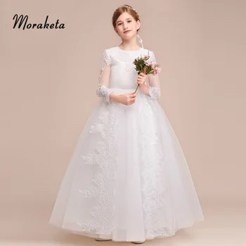 

Ball Gown Princess Floor-length White Flower Girl Dresses With Long Sleeves 2019 New Appliques Tulle First Communion Dresses