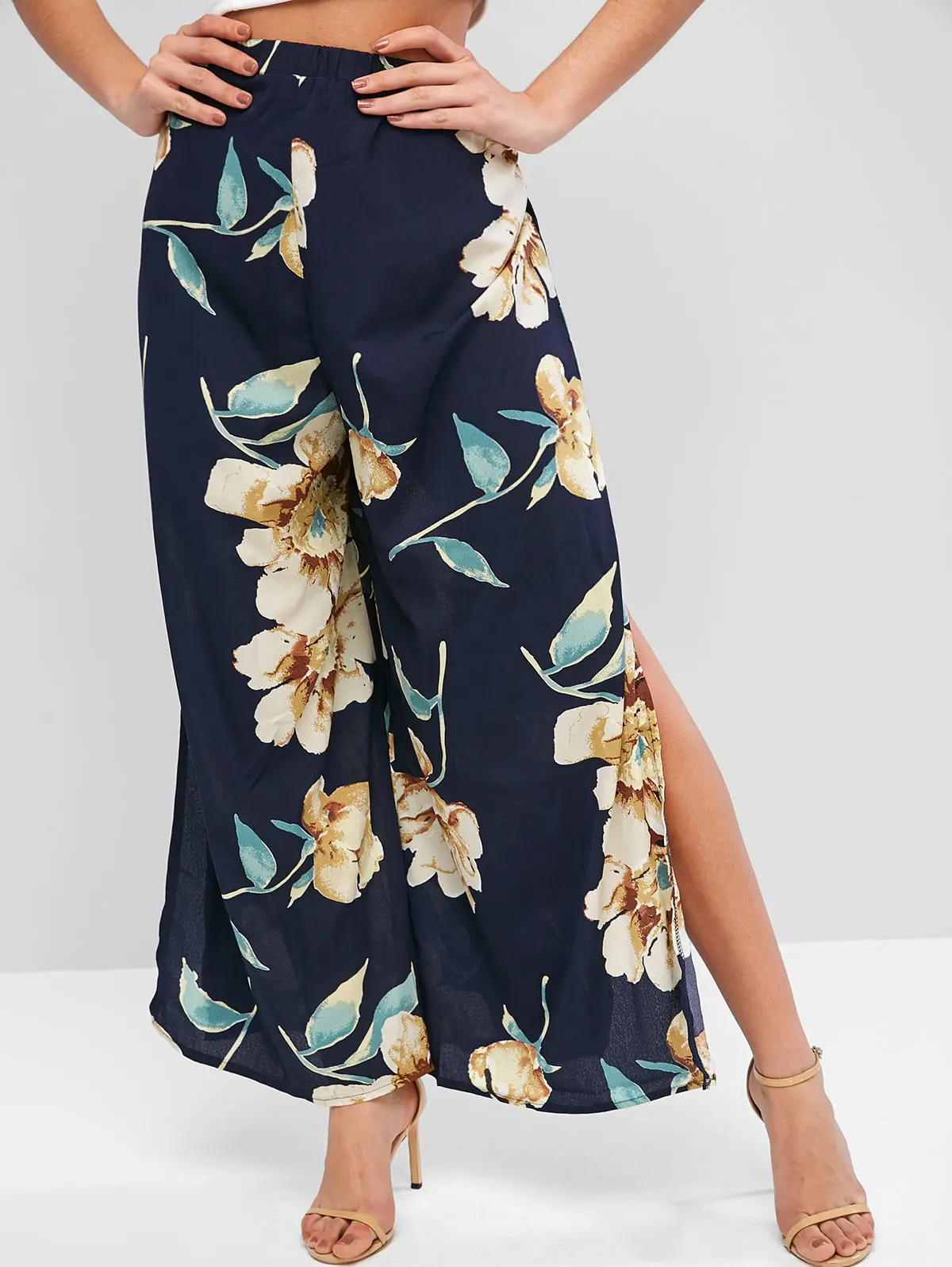 

ZAFUL S-XL Floral Side Slit Wide Leg Pants Elastic High Waist Fashion Sexy Chic Boho Trousers Flower Loose Women'S Pants