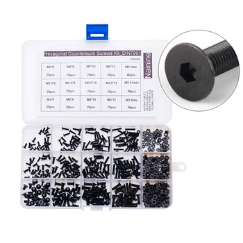 

480Pcs/set M2 M2.5 M3 DIN7991 ISO1064 Black Grade 10.9 Countersunk Head Socket Cap Screw Machine Screws Assortment Kit HW046