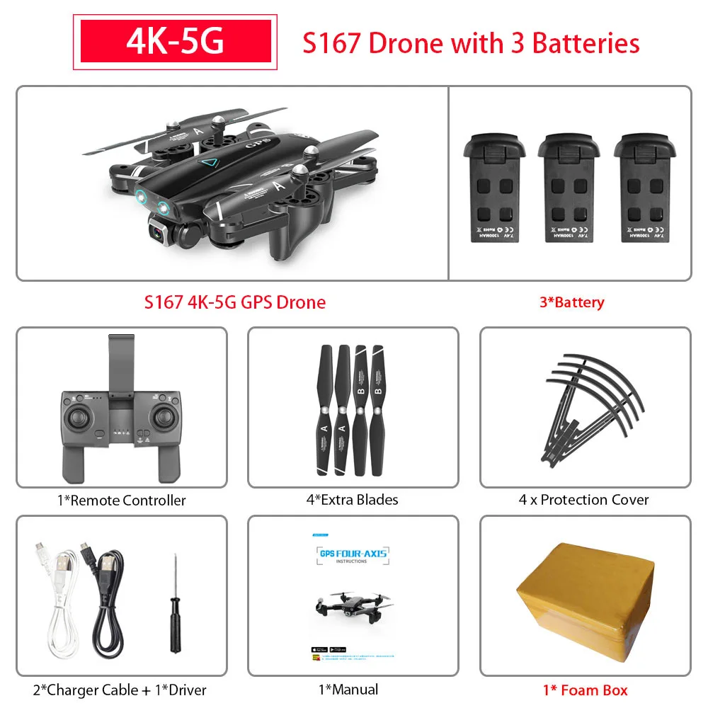 S167 gps Дрон 4K 5G wifi 1080P FPV камера дроны gps следуем за мной высота держать широкоугольный Квадрокоптер с камерой складной Радиоуправляемый Дрон - Цвет: 5G 4K 3B FB