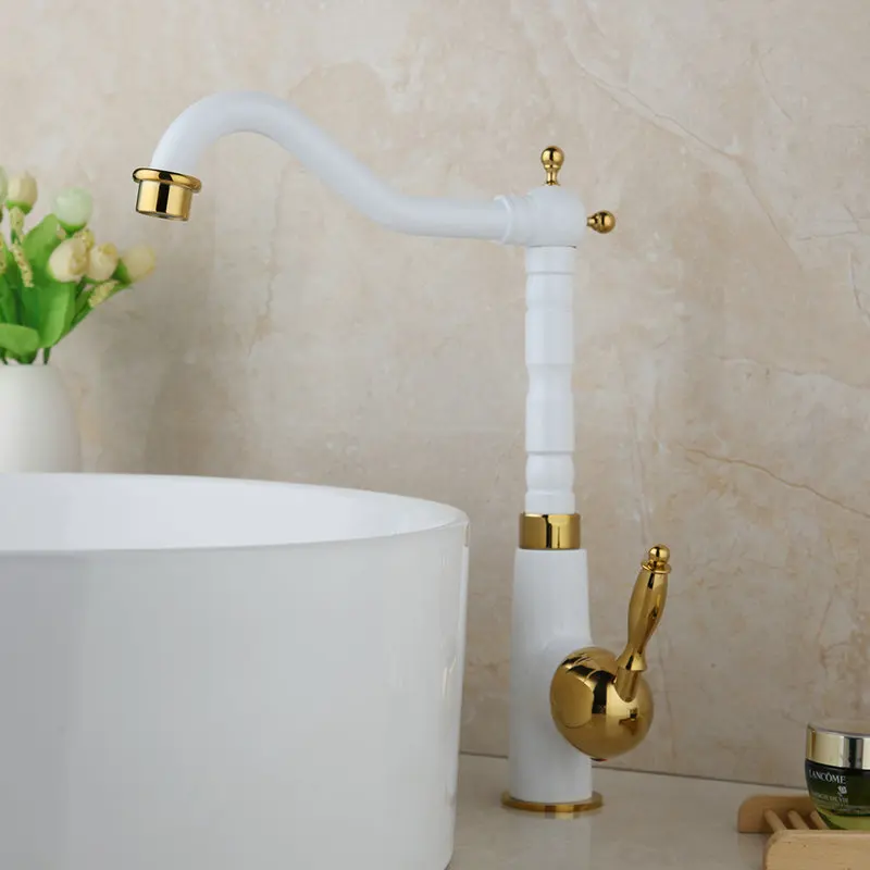 JIENI White Painting Rotated Kitchen Basin Sink Swivel Faucet Mixer Tap Solid Brass Stream Faucet Vanity Brass Mixer Tap Faucet