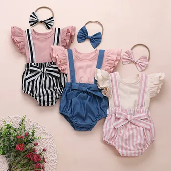 

baby girl clothes set Ruffle bebes Tops+Stripe Suspender Shorts baby clothes girl ropa niña bebes newborn carters ropa niño Z4