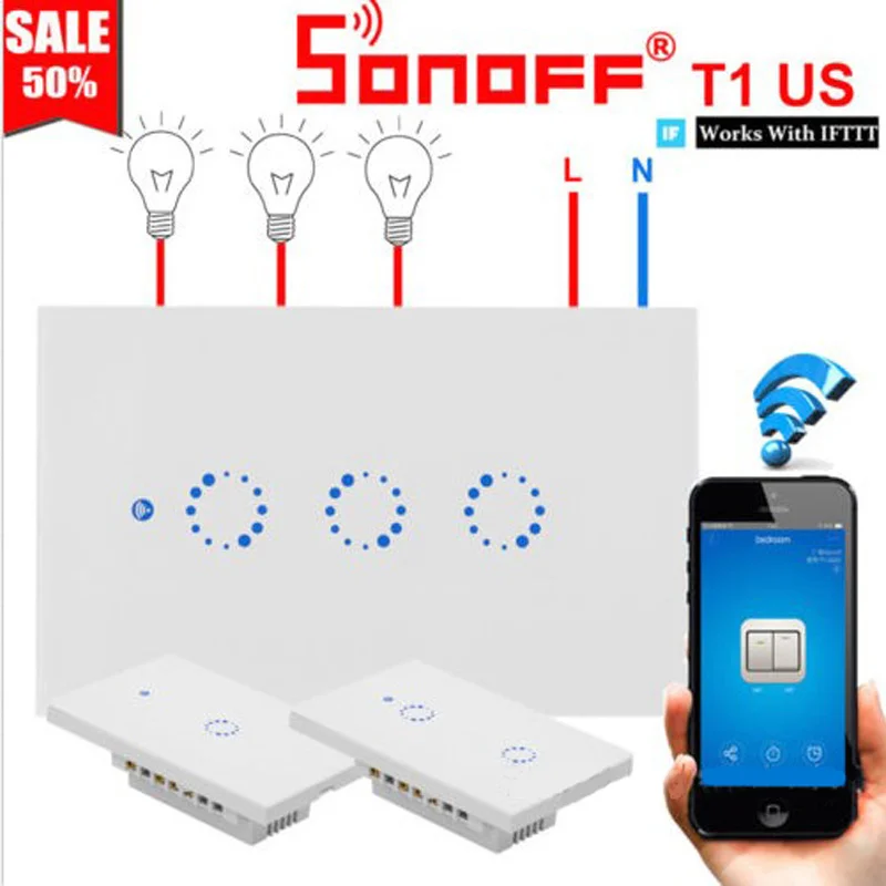 Sonoff T1 EU EE. UU. Reino Unido inteligente Wifi pared Interruptor táctil/WiFi/RF/APP remoto hogar inteligente interruptor táctil de pared con Alexa Google Home T2
