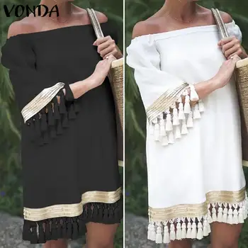 

VONDA 2020 Oversized Dress Sexy Flare Sleeve Bohemian Party Dresses Loose Tassel Lace Sundress Bohemian Vestidos 5XL Solid Robe