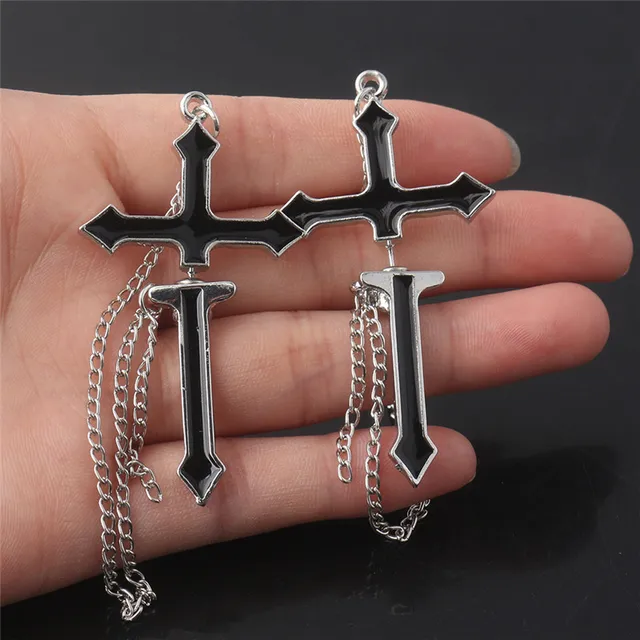 Fashion Punk Black Cross Drop Earrings For Teens Vintage Rock Pride Long Chain Butterfly Ear Cuffs Women Earrings Girls Jewelry Two pieces